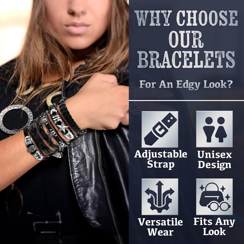 Evrblock Emo Bracelets – 6 Pcs Black Skull Emo Jewelry – Durable Leather Gothic Jewelry and Grunge Bracelets | Adjustable 7"-11" & Comfortable Fit - Image 5